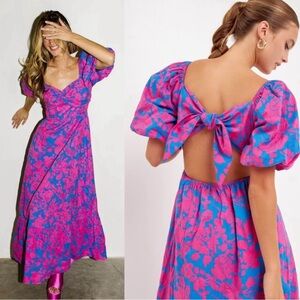 Free the Roses Hot Pink & Blue Floral Bohemian Maxi Dress Size L